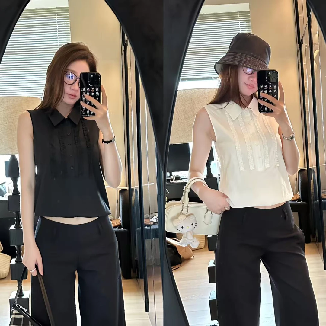 LA  花边压褶 半开领 黑白两色 无袖衬衫 31005