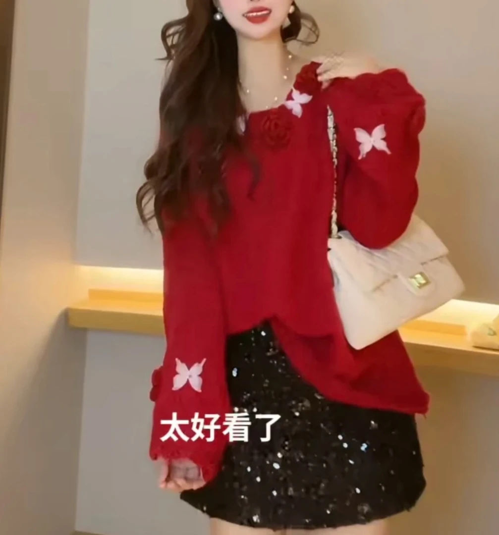 新年红立体山茶花搭配灵动蝴蝶针织毛衣秋冬新款韩版宽松针织衫