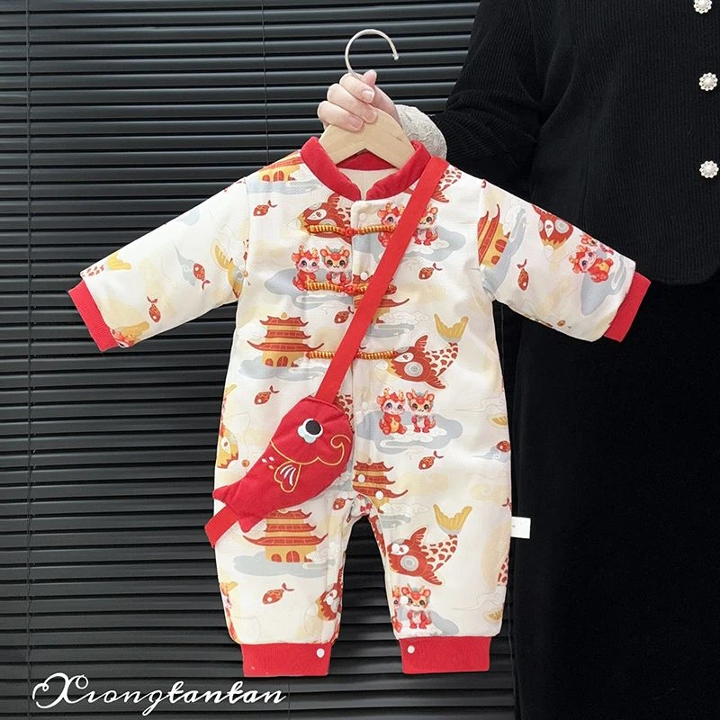 婴儿拜年服喜庆冬季夹棉加厚新生新生儿衣服连体衣冬装过年哈衣