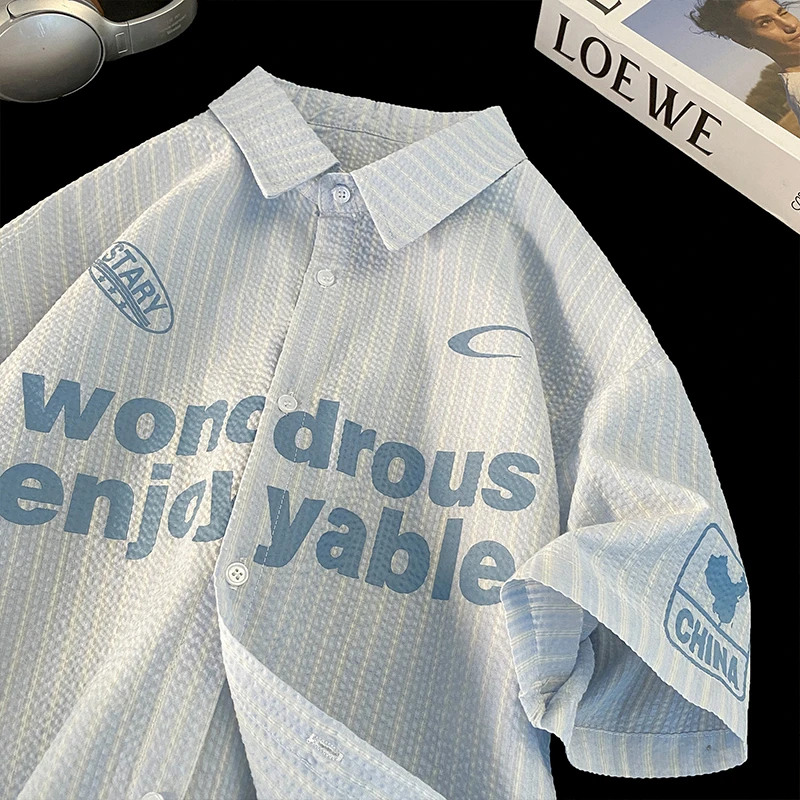 松弛感休闲风字母印花竖条纹衬衫男美式高街衬衣港味复古chic上衣