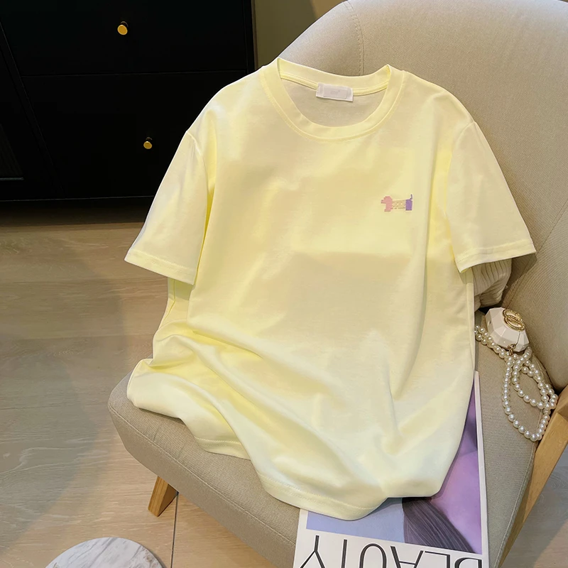 奶黄色圆领小狗卡通正肩短袖t恤女夏季2025新款初中学生减龄上衣