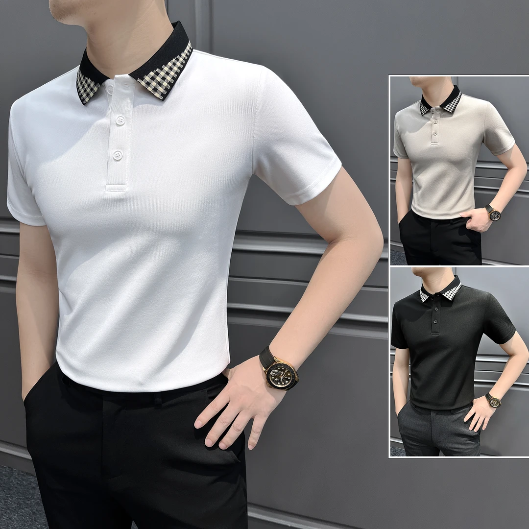 拼色格子领男士polo衫夏季商务休闲痞帅男装时尚修身男款短袖t恤
