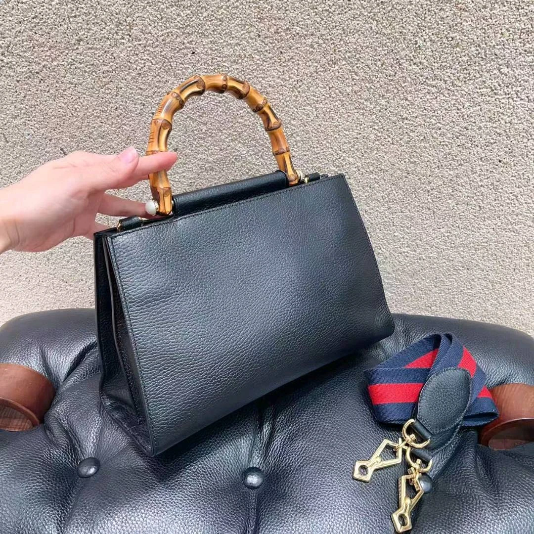 99新 GUCCI/古驰 黑色全皮 Nymphaea列竹节珍珠手提/箱包/手提包