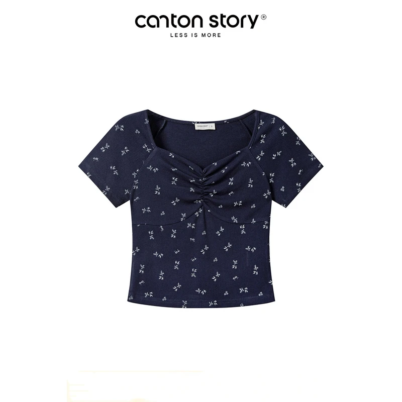 羊城故事方领碎花针织短袖t恤女夏季修身显瘦百搭上衣 Y50449368