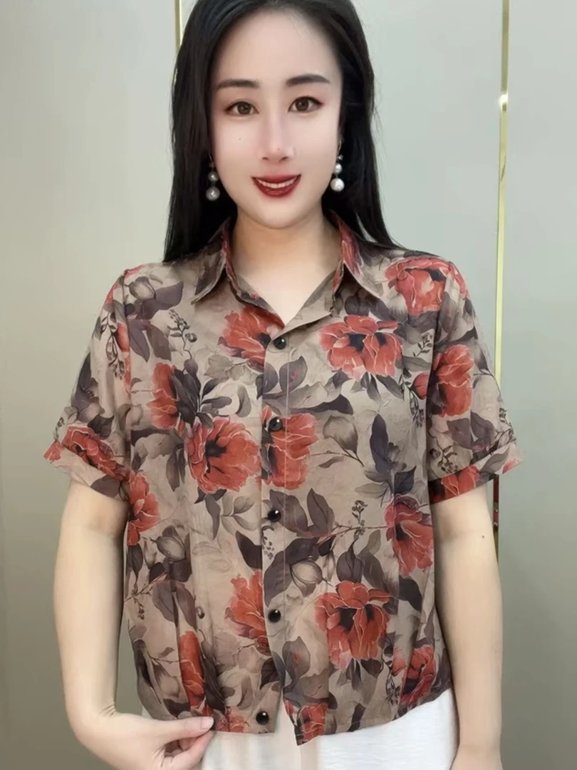 夏季新款大码宽松休闲碎花翻领洋气开衫衬衣时尚减龄中老年妈妈装