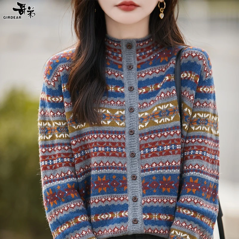 哥弟阿玛施正品长袖复古提花条纹针织开衫高领时尚休闲宽松羊毛衫