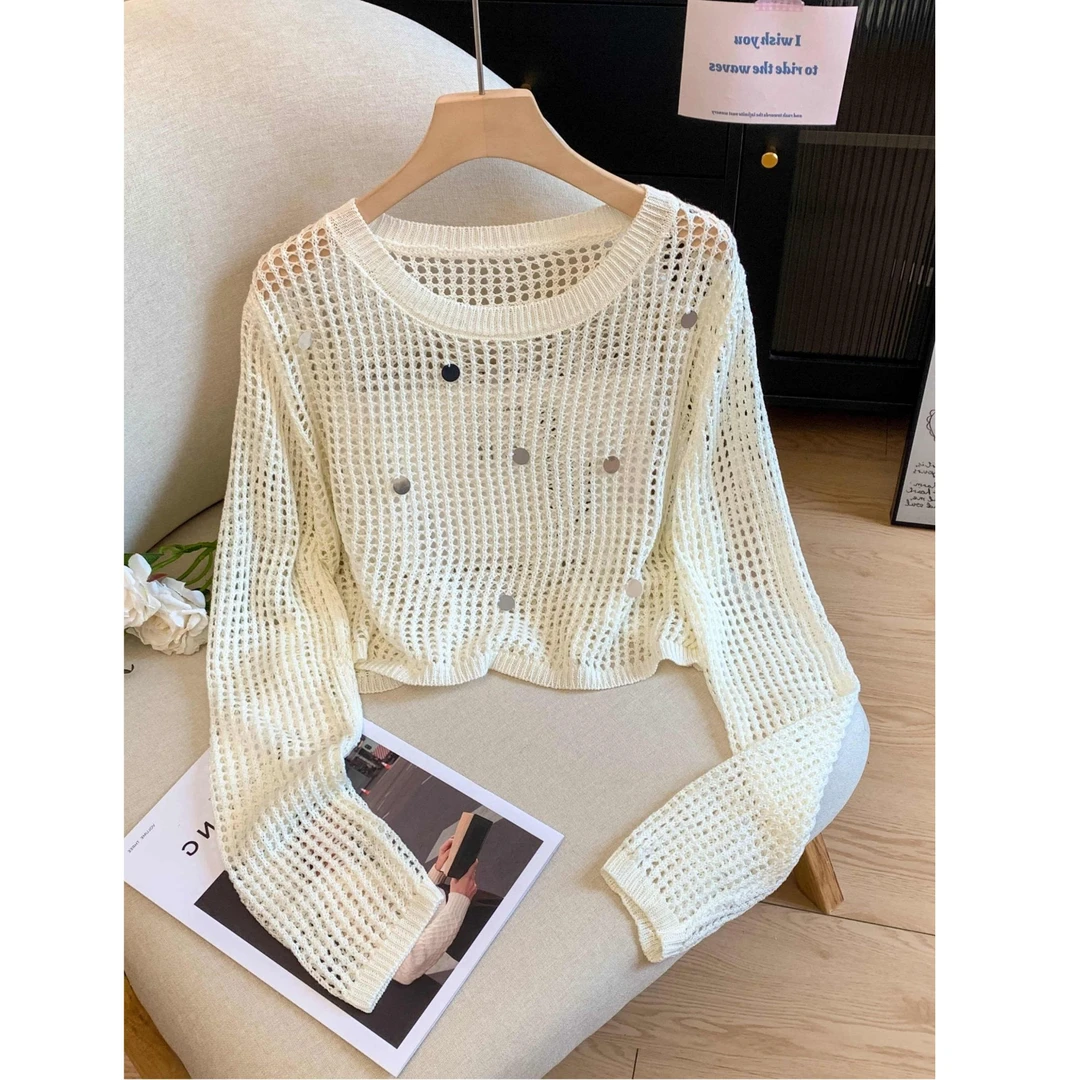 法式亮片镂空针织罩衫女宽松短款外穿春夏新款设计感防晒长袖上衣