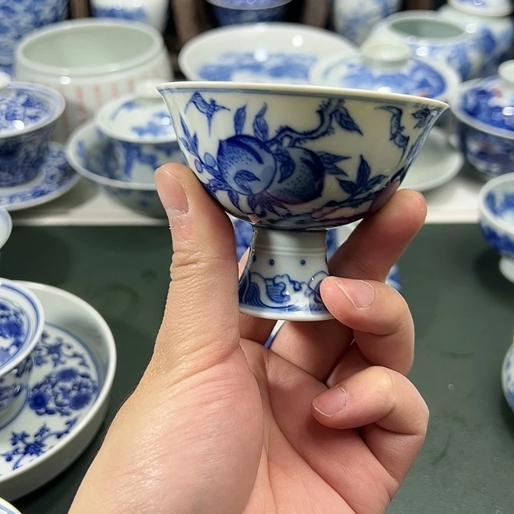 微瑕柴窑点工九桃五福高足薄胎