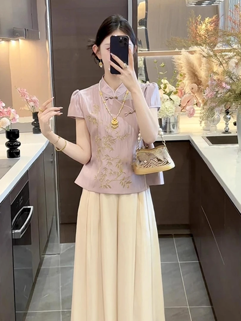 温柔风唐装显瘦两件套法式洋气时尚套装新中式小众宽松阔腿裤套装