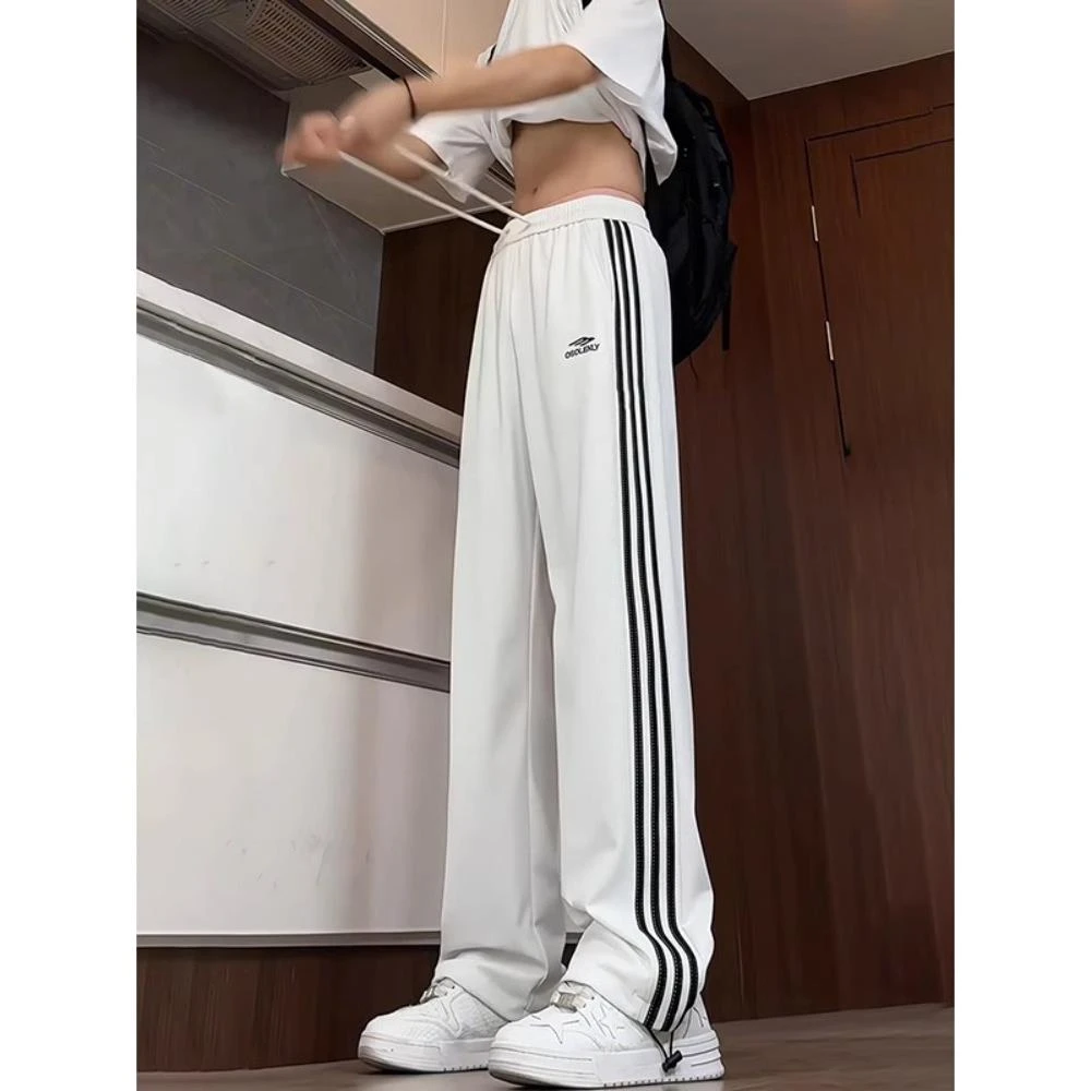 美式hiphop白色裤子男高级感秋季三条杠运动裤青少年条纹休闲长裤