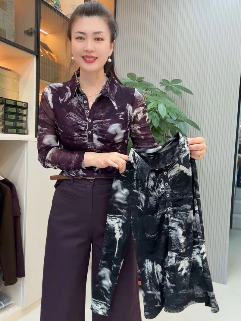 03-扎染印花网纱长袖衬衫