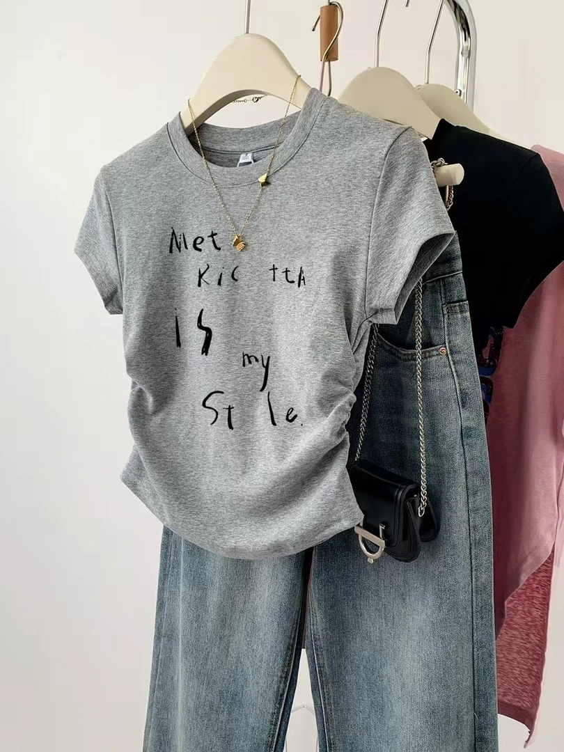 孤401短款辣妹短袖简约字母极简风T恤女士打底衫设计感百搭休闲