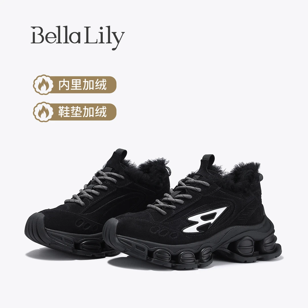 BellaLily2025秋冬新款百搭学院风休闲鞋女保暖老爹鞋牛皮厚底鞋