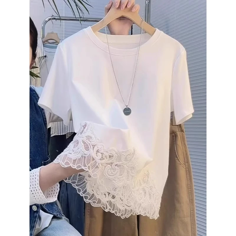 芊芊芙蕾丝花边拼接短袖t恤女2025夏季新款白色体恤圆领显瘦上衣