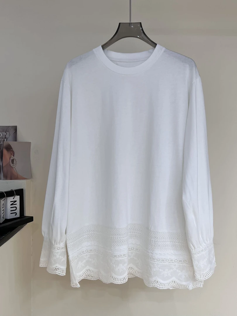 自制款大版宽松白色镂空拼接长袖T恤