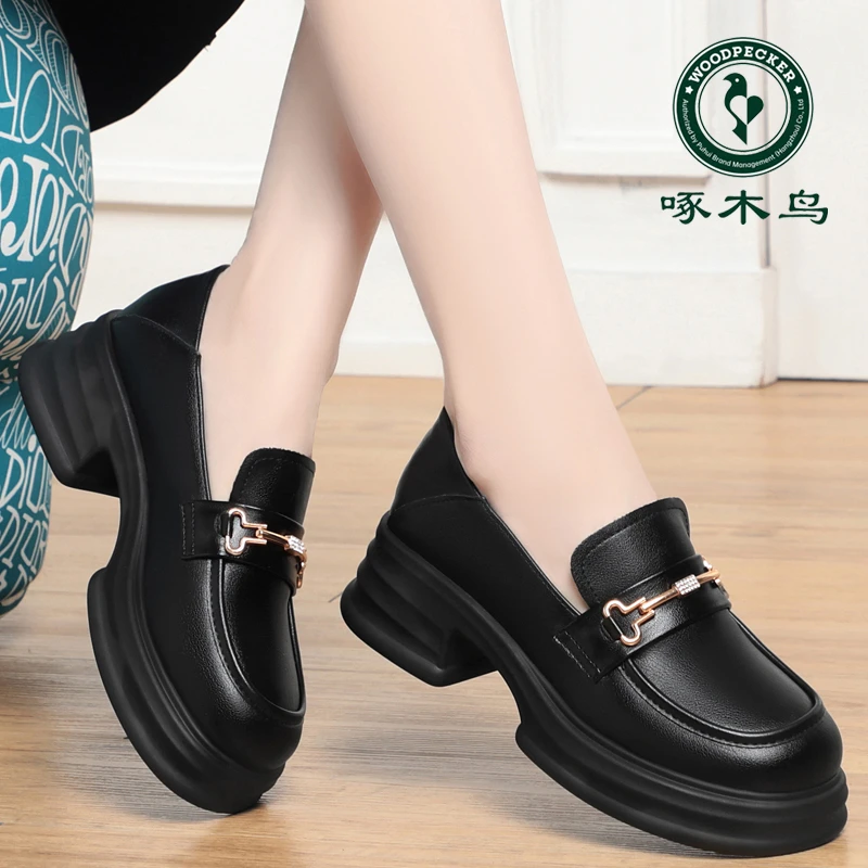 啄木鸟乐福鞋女2025新款春秋季厚底增高英伦风黑色小皮鞋单鞋子