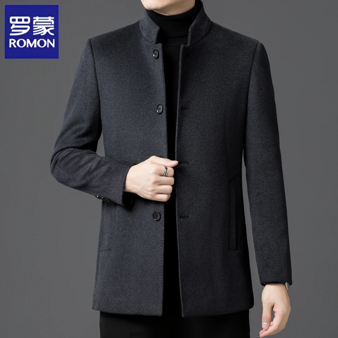 罗蒙男士羊毛中山装秋冬季中年商务休闲立领毛呢外套年轻爸爸装夹