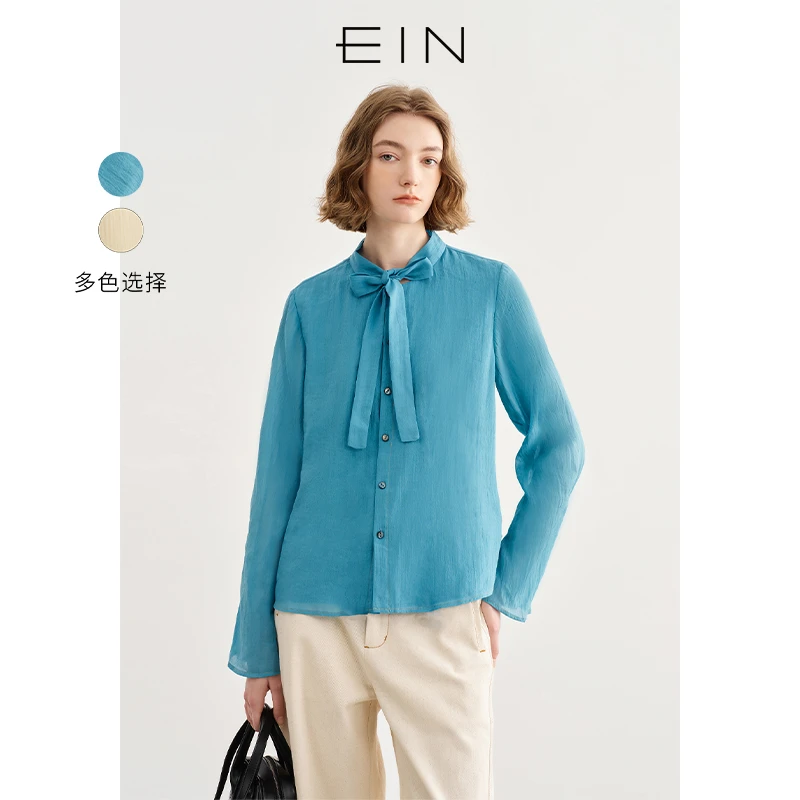 EIN/言法式棉麻绑带花苞蝴蝶结领微灯笼袖文艺衬衫2025早秋新款