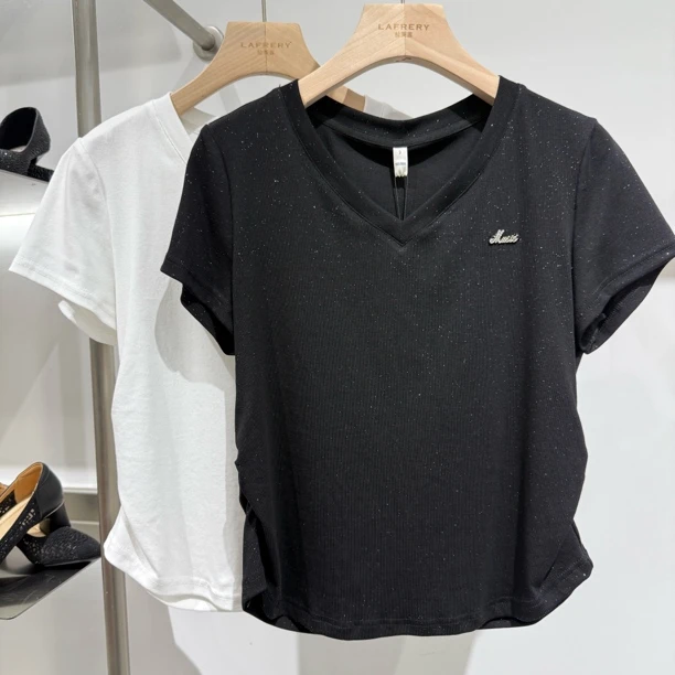 【方圆服饰】短款t恤韩版坠感女士T恤运动V领圆领修身常规短袖