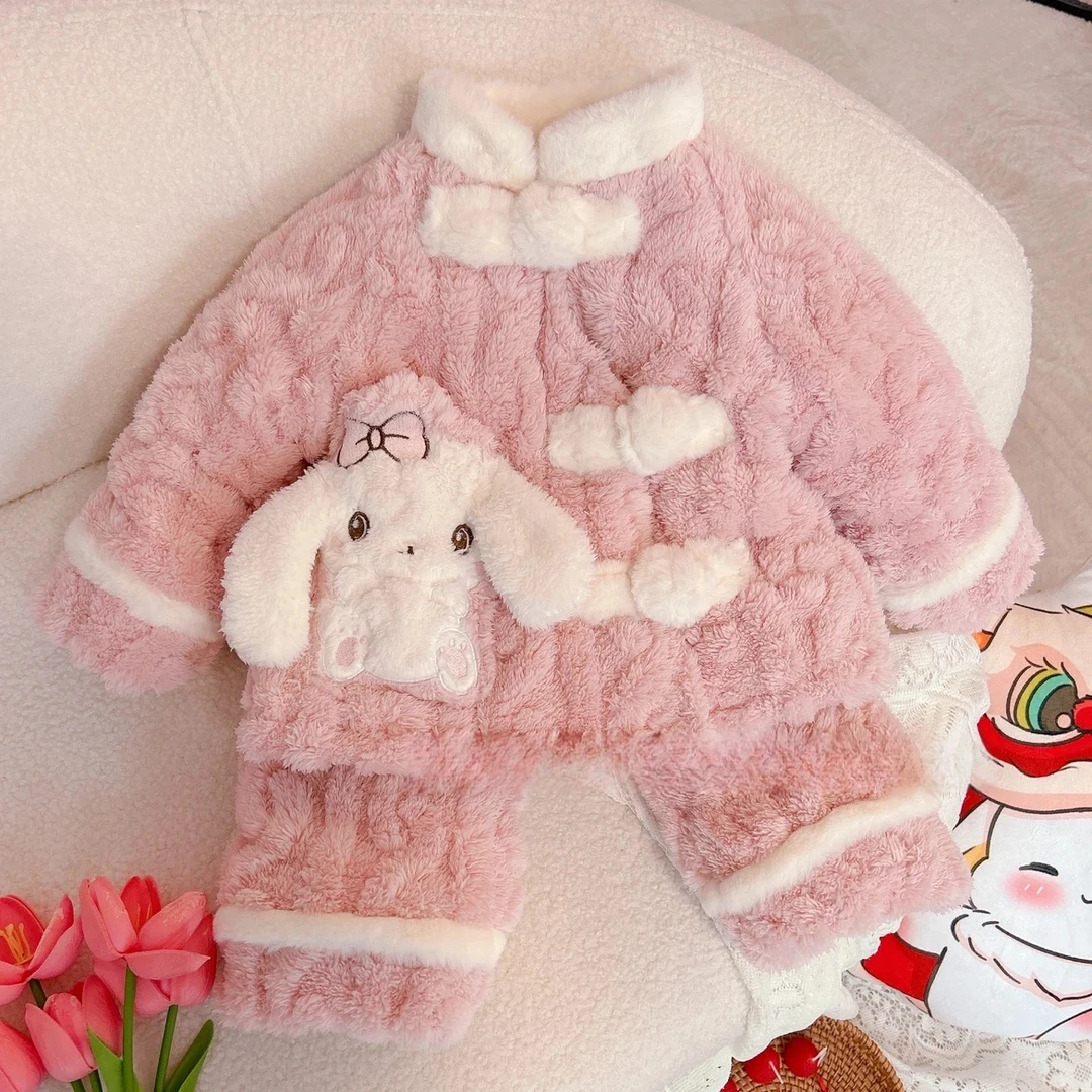 国风冬款三层保暖加绒加厚女童秋冬法兰绒睡衣国风保暖套装儿宝宝