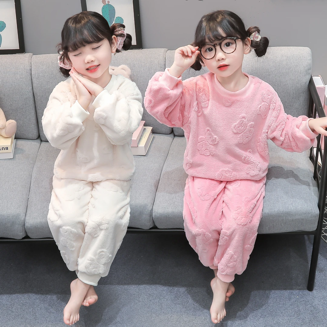 女童法兰绒睡衣秋冬保暖女孩宝宝冬款女小童儿童珊瑚绒家居服冬季
