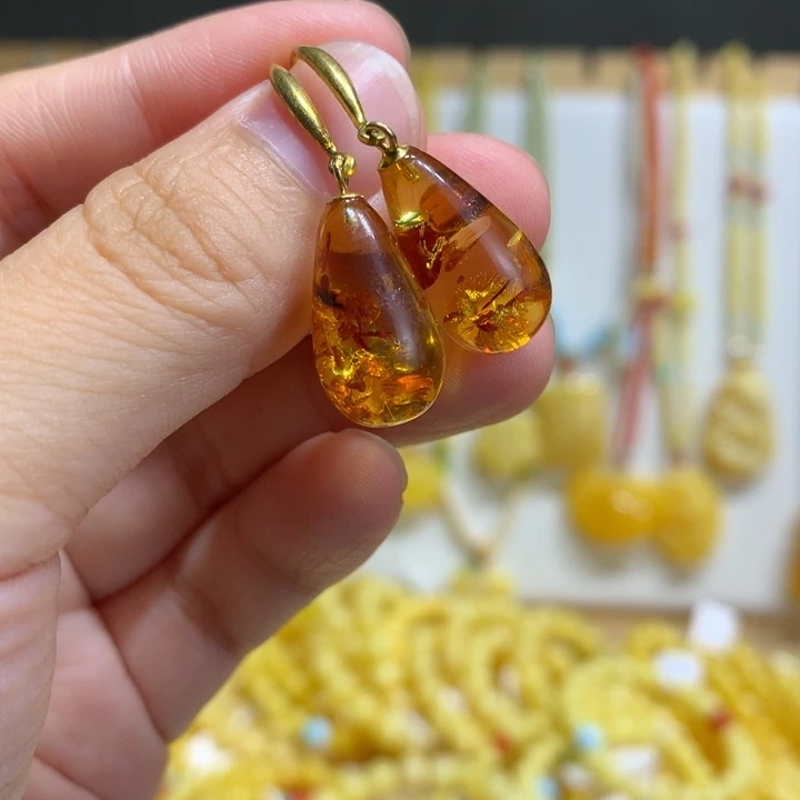 琥珀银S925镀金镶嵌耳饰特价