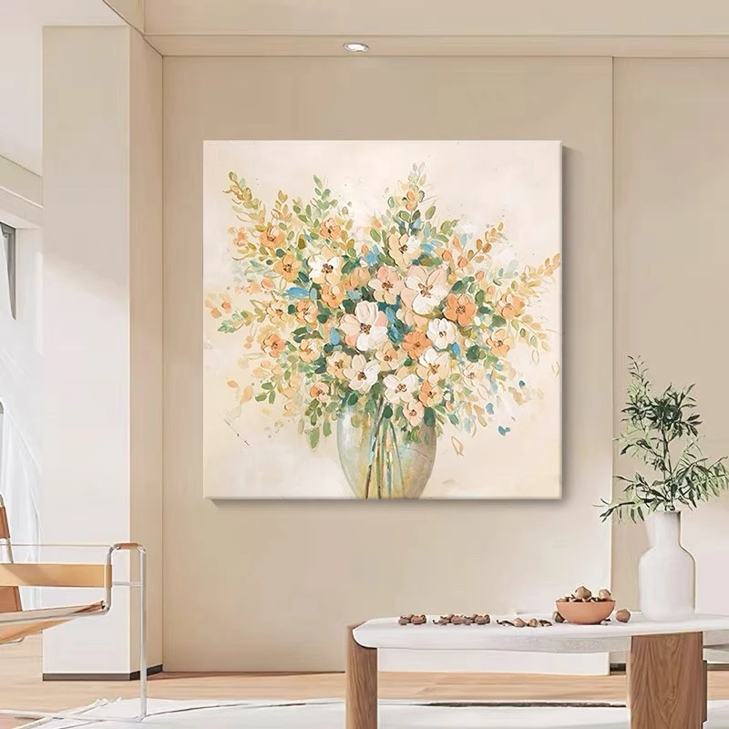手绘油画餐厅挂画北欧风格装饰画轻奢现代客厅正方形花卉卧室壁画