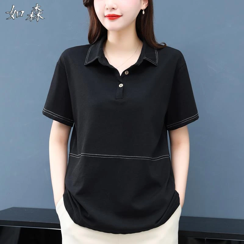 时尚POLO领短袖T恤女上衣设计感女小众2025早秋新款妈妈减龄上衣