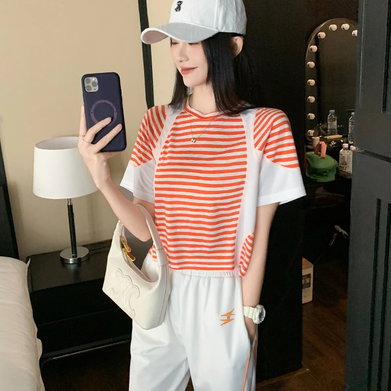 百搭条纹撞色短袖t恤女夏季新款气质显瘦独特别致漂亮圆领上衣潮