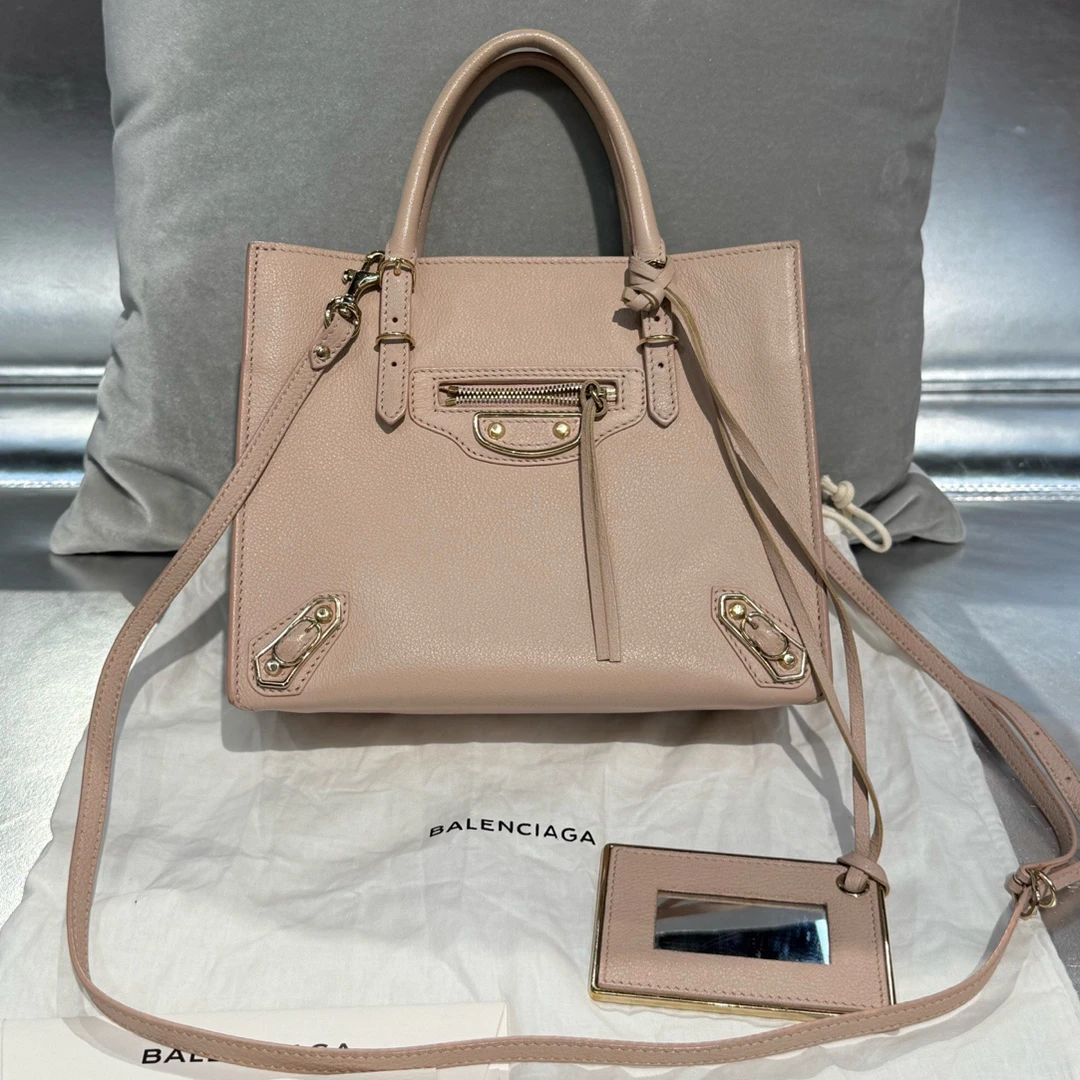 95新 Balenciaga/巴黎世家 樱花粉金钉小号机车托特手提包斜挎包