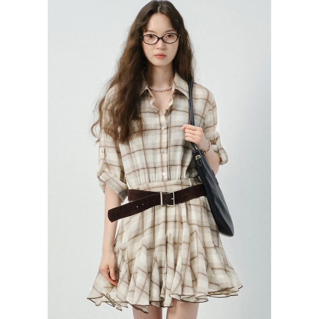 新款法式长袖衬衫格子气质翻领休闲格纹裙子连衣裙设计复古短裙女