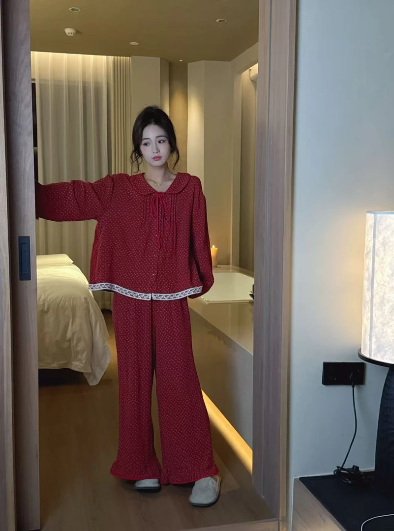 VINEEMAN【慕笙若梦】春秋纯棉款套装新款长袖长裤两件套家居服