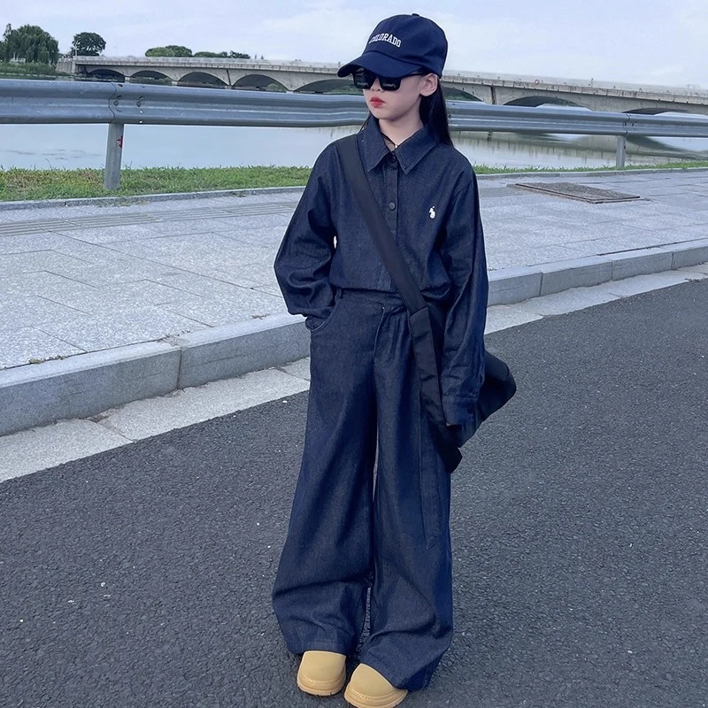 休闲工装风牛仔套装女童2025秋季新款慵懒风长袖衬衫阔腿裤两件套