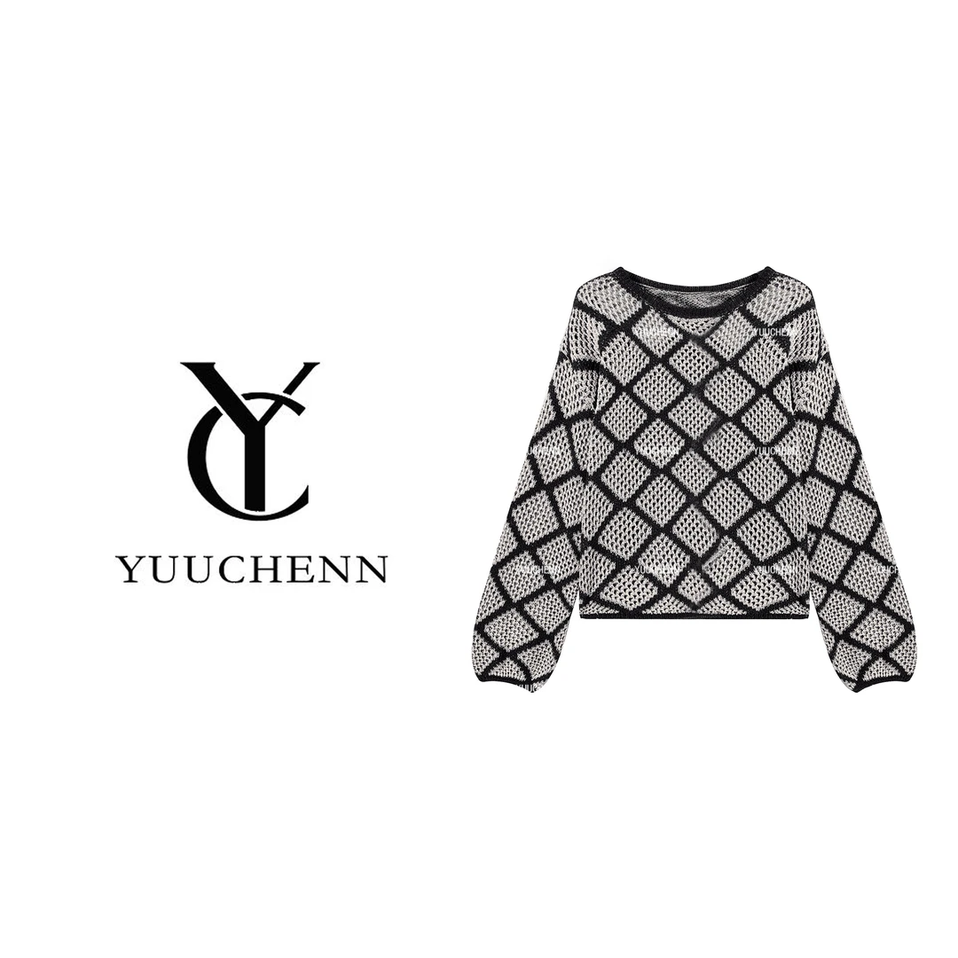 YUUCHENN 圆领格子毛针织衫女套头轻熟风上衣JYY-6690