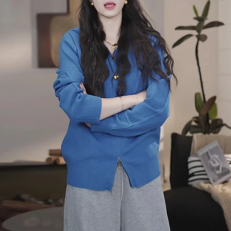 蓝色拉链连帽针织卫衣外套女春秋季新款气质显瘦百搭外搭开衫上衣
