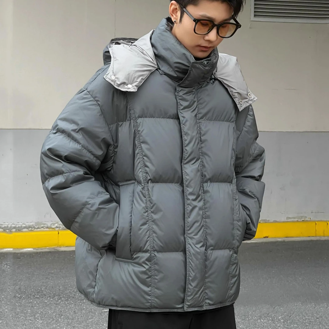 男士冬季高定简约经典加厚保暖连帽外套时尚百搭白鸭绒羽绒服男款