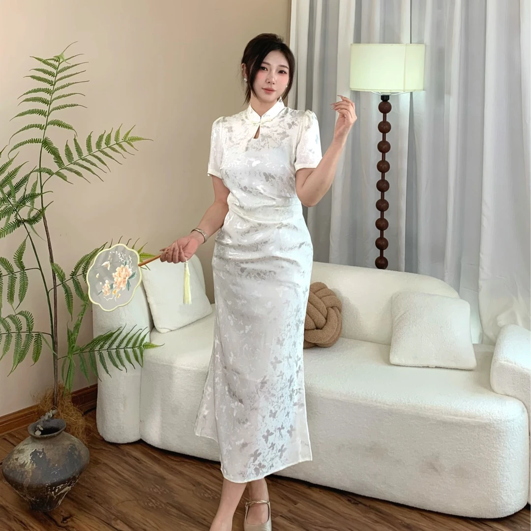 福利款-只换不退-仙女气质针织花纹长款旗袍微胖大码连衣裙
