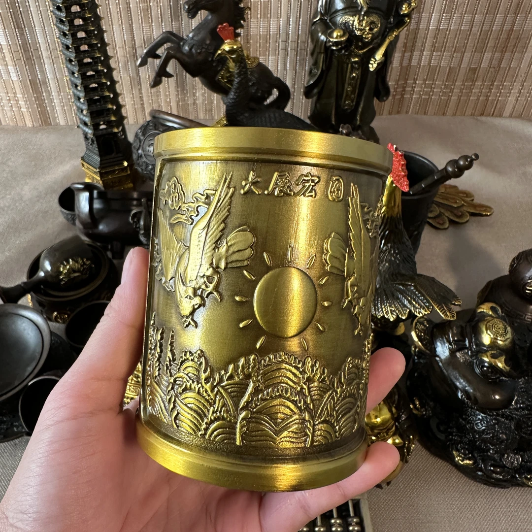 黄铜大展宏图笔筒文房四宝办公用品摆件