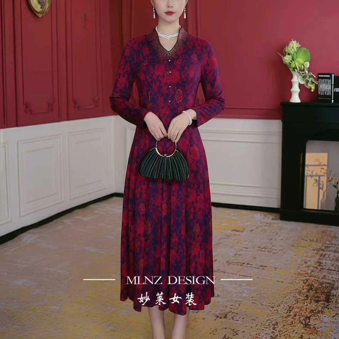 【妙莱 恋恋花影】新款时尚优雅品牌上档次妈妈装连衣裙显瘦贵妃领