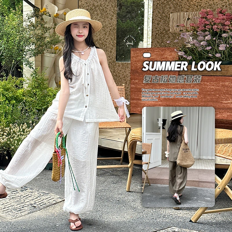女童夏季复古外穿气质套装2025新款时尚韩版洋气夏季宽松上衣套装