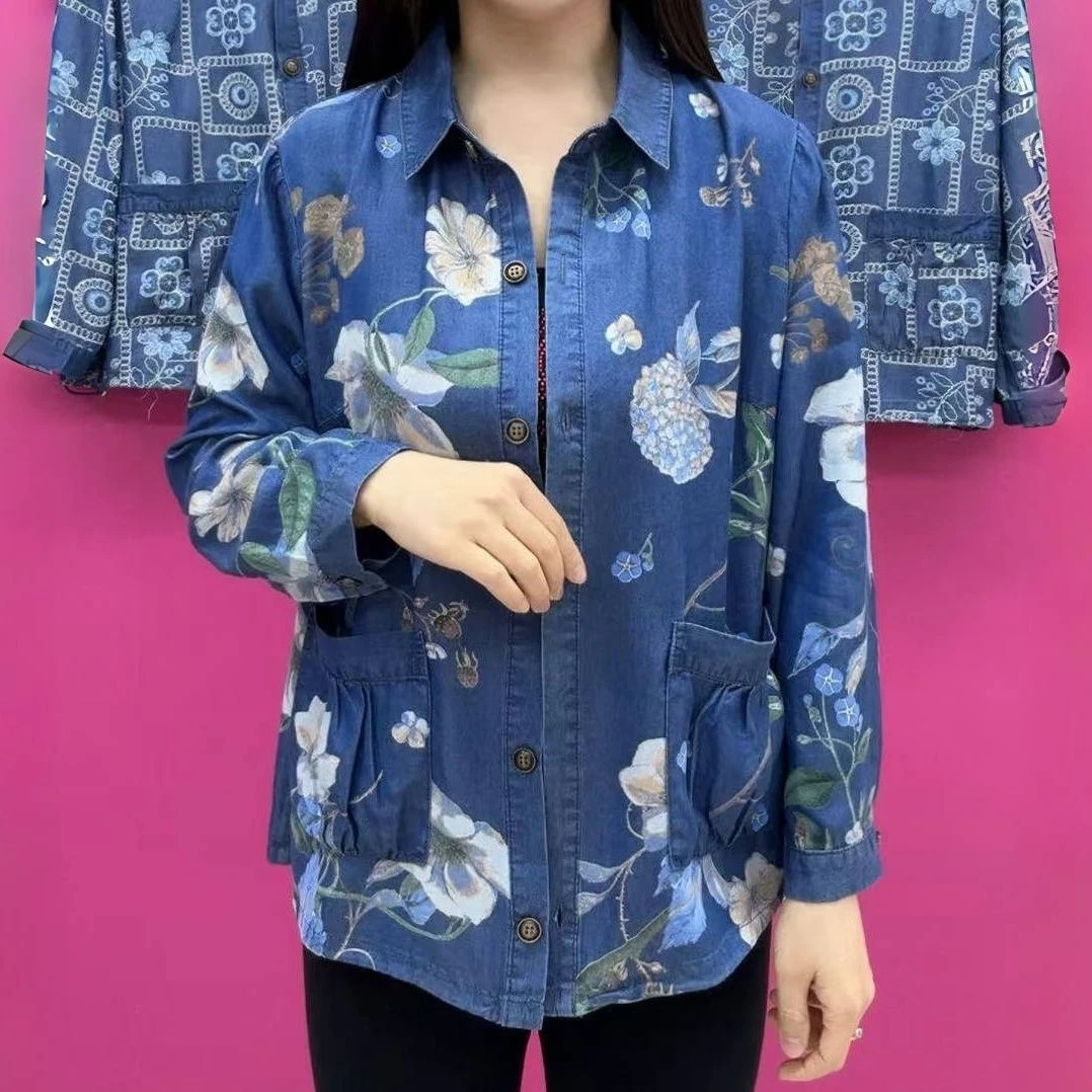 2025春季新款时尚百搭印花长袖牛仔衬衫休闲中老年妈妈装外套减龄