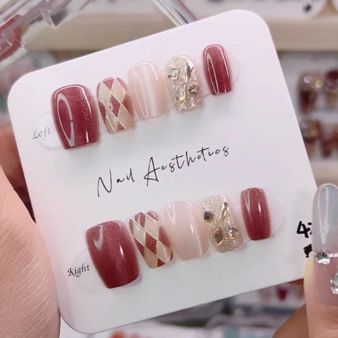 【怀玉】精致纯手工短方红棕色美甲贴片短款高级感秋冬穿戴甲