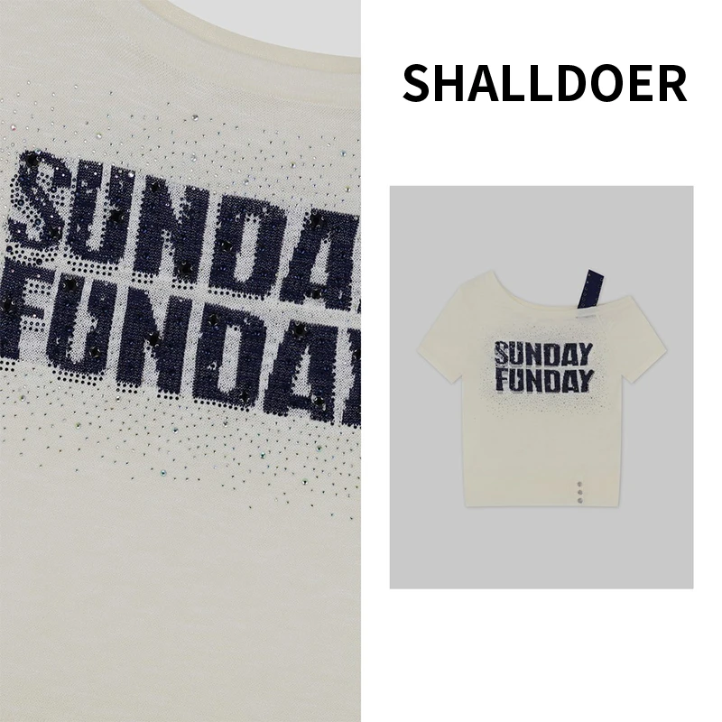 2025夏季新款薄款烫钻字母刺绣时髦露肩短袖针织衫洋气减龄上衣