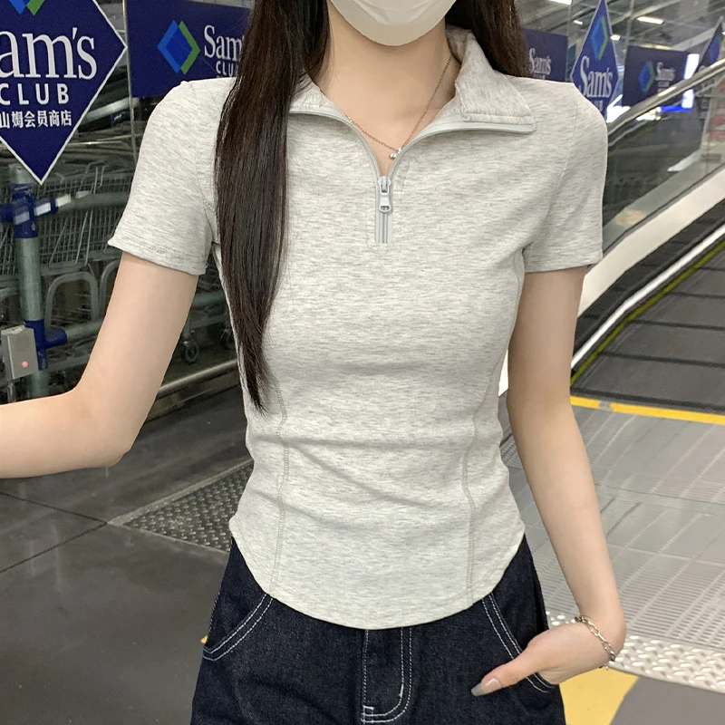 【30号】J35419Y1V新款领拉链款修身短袖T恤女韩版鱼骨线条上衣MCY