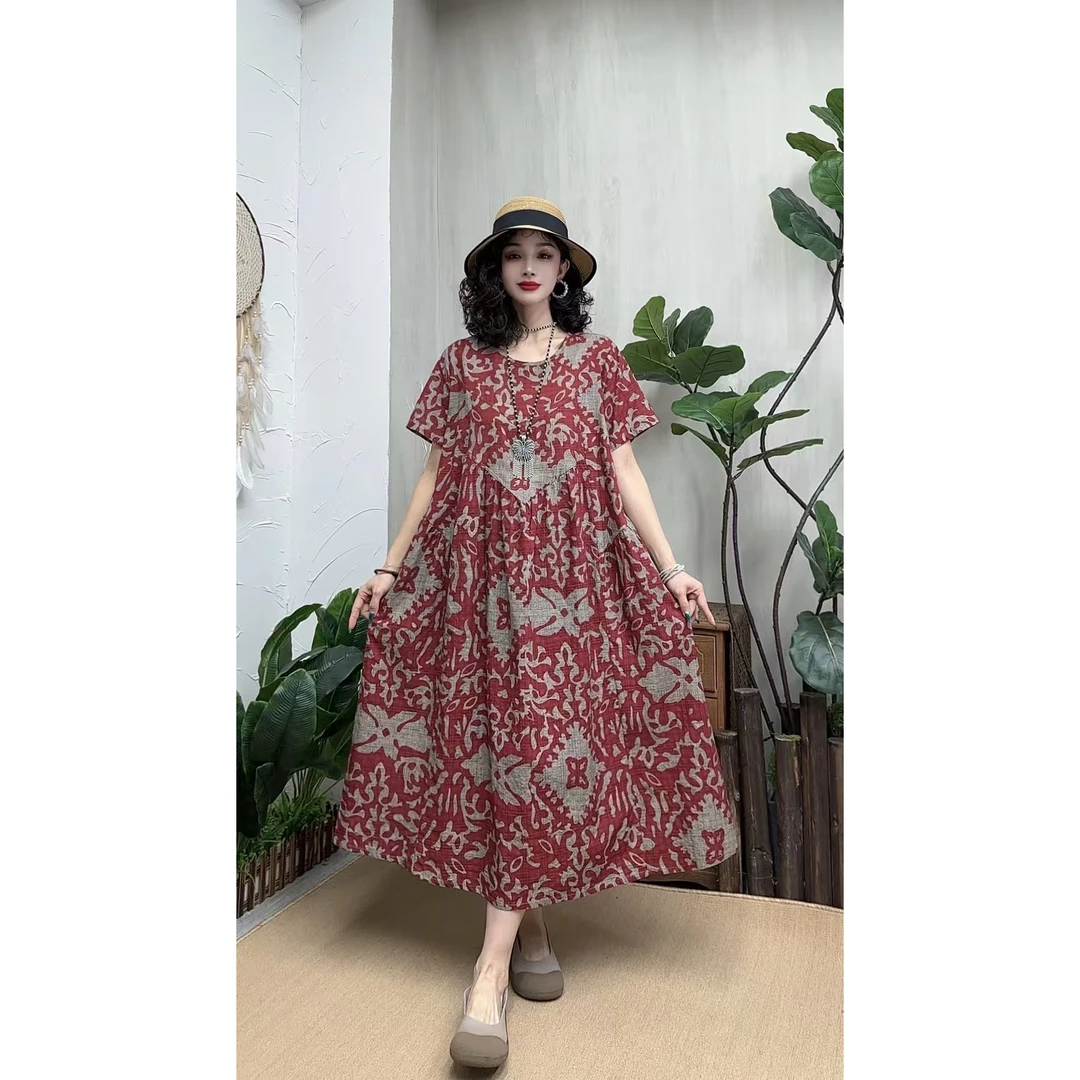 4896夏季新款清凉气质时尚复古遮肚宽松女显瘦百搭圆领休闲连衣裙