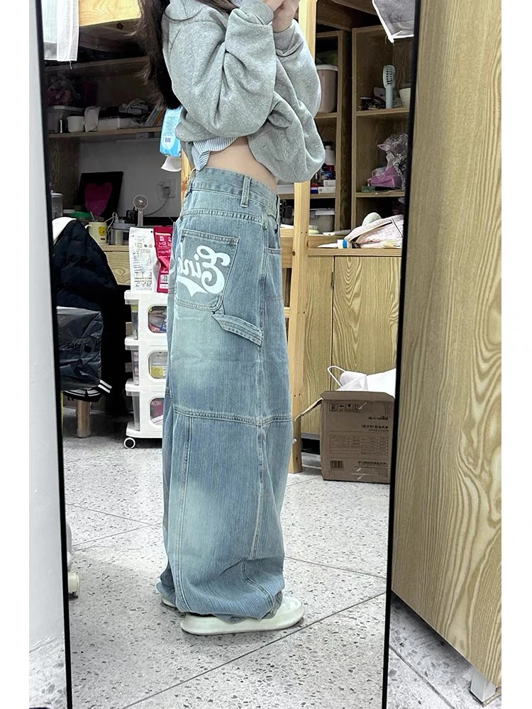 美式高街字母印花弯刀牛仔裤女春秋夏新款辣妹宽松bf慵懒风拖地裤