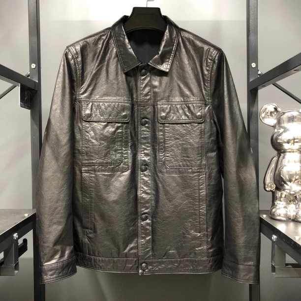 2311翻领男皮衣经典春秋短款秋冬简约潮流真皮外套