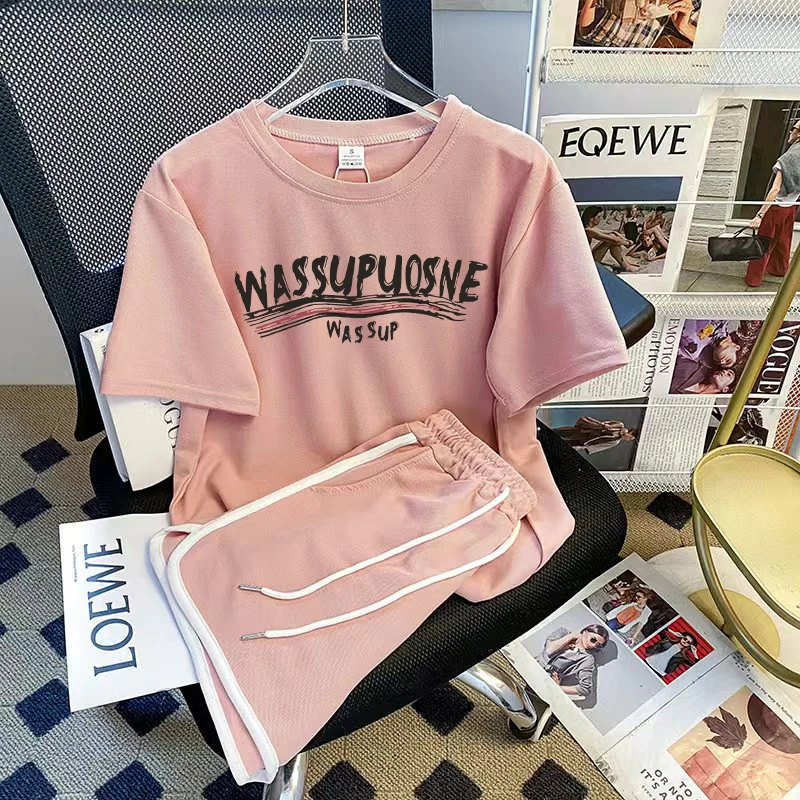 美式复古字母印花女夏新款套装短袖短裤宽松显瘦舒适两件套