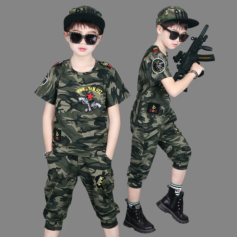 儿童迷彩服短袖t恤中大童警服特种兵军训服警察套装男童夏装军人