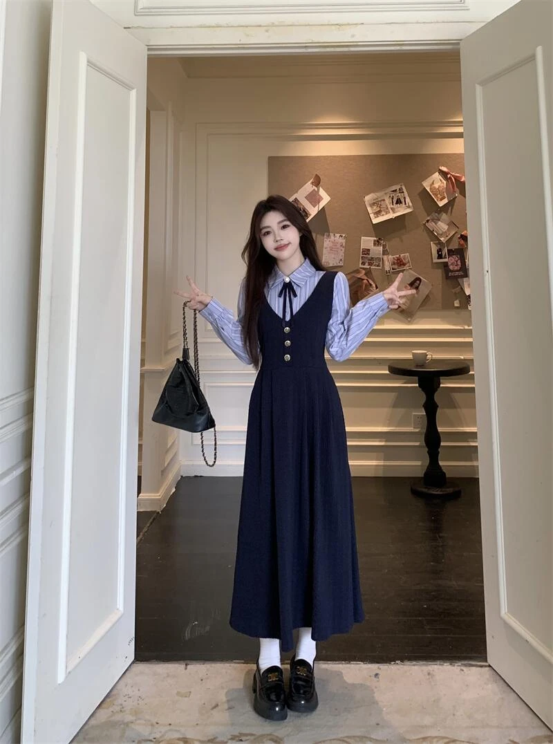 秋冬25新款学院风减龄衬衫假两件连衣裙胖mm收腰显瘦中长连衣裙